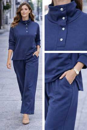 Acah giyim Kadın Hakim Yaka Düğme Detaylı Tunik Ve Geniş Paça Pantolon Takım-...