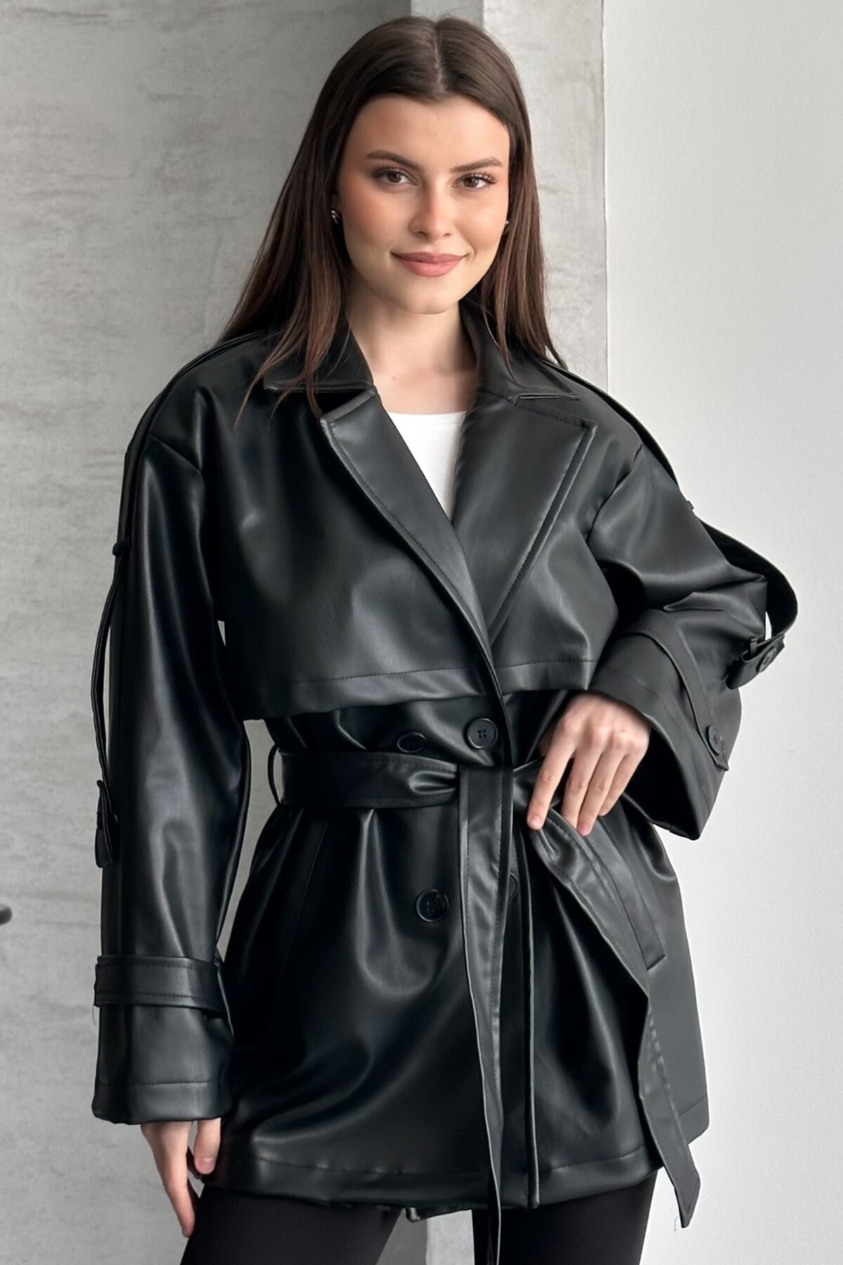 moda armanc  Kadın Siyah Kruvaze Deri Ceket - Yeni Sezon Kuşaklı Düğmeli Oversize Trenç Ceket