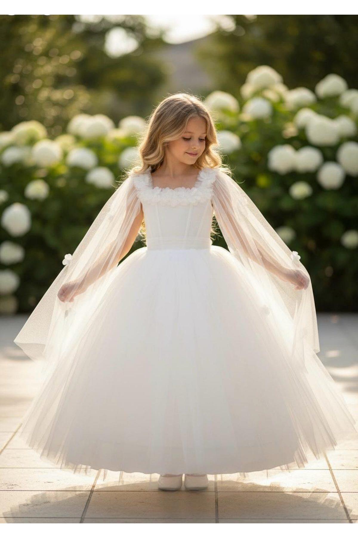 moona kids 4-10 Yaş Kız Çocuk Kolları Tül Çiçekli Abiye