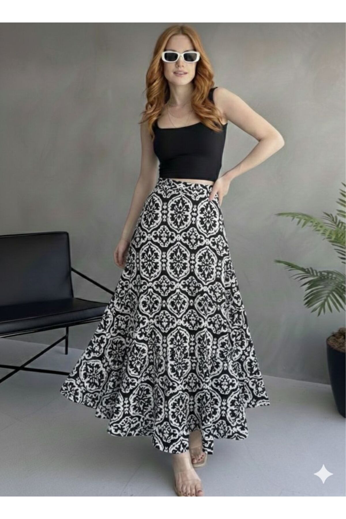 fayora  Siyah Beyaz Desenli Uzun Bürümcük Kloş Etek