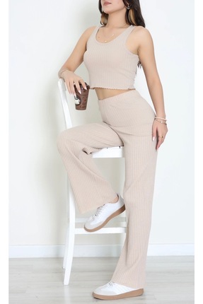 DuRu LiNe 🌟 Şık ve Rahat Bej Kaşkorse Takım 👚 Crop Atlet & Geniş Paça Panto...