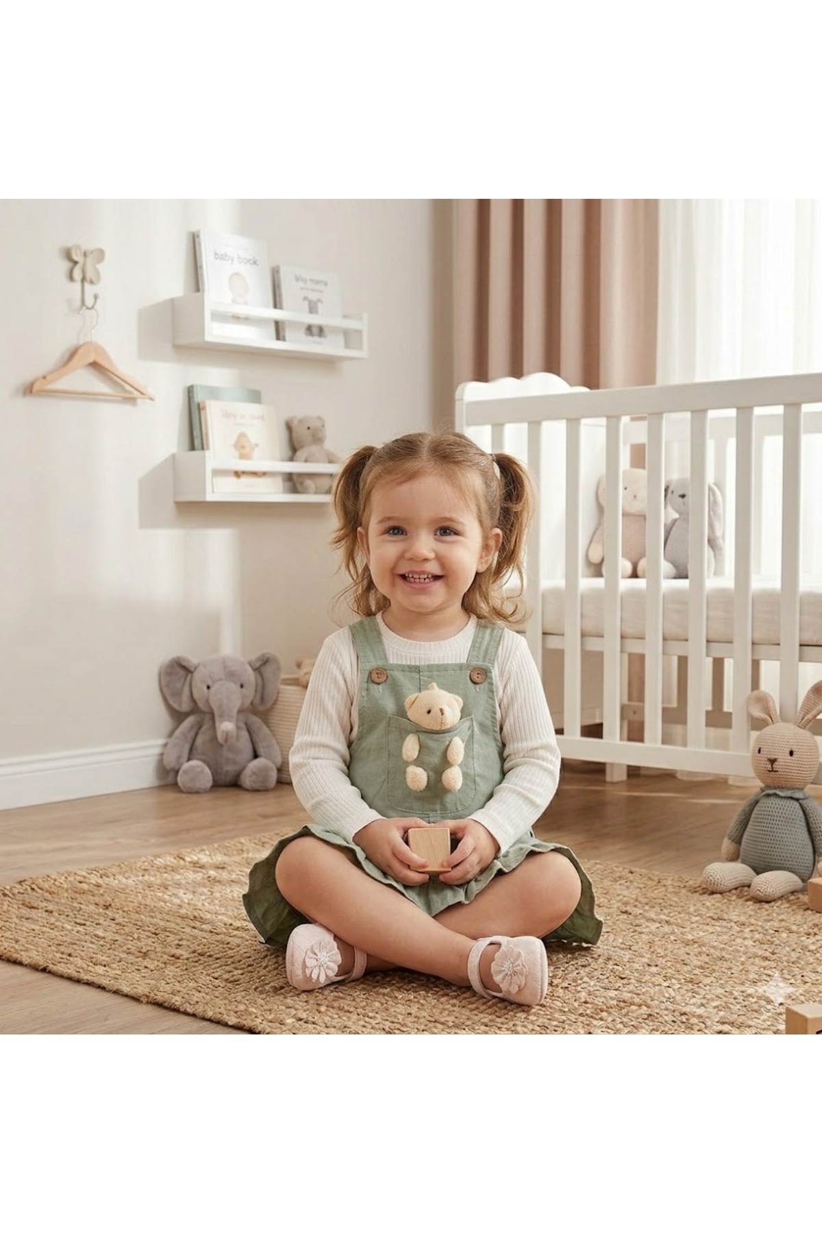 Egelite Kız Bebek Ayıcık Aksesuarlı, Keten Salopet Elbise ve Badili, 2 li, Şık Bayramlık Takım 9-12-18 ay fotoğrafı 5 (önizleme)