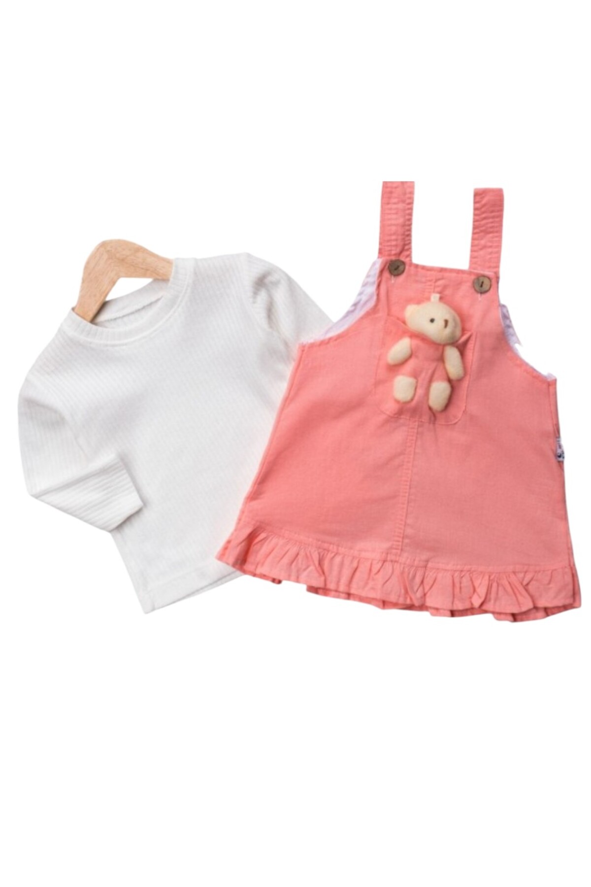 Egelite Kız Bebek Ayıcık Aksesuarlı, Keten Salopet Elbise ve Badili, 2 li, Şık Bayramlık Takım 9-12-18 ay fotoğrafı 4 (önizleme)