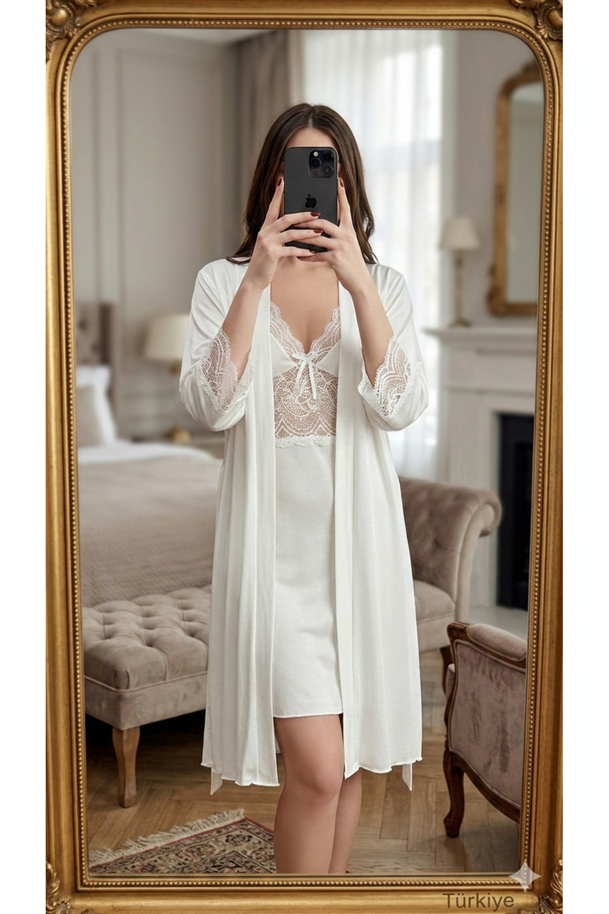 Luma Decor Kadın Dantel Detaylı Sabahlıklı Gecelik Takım