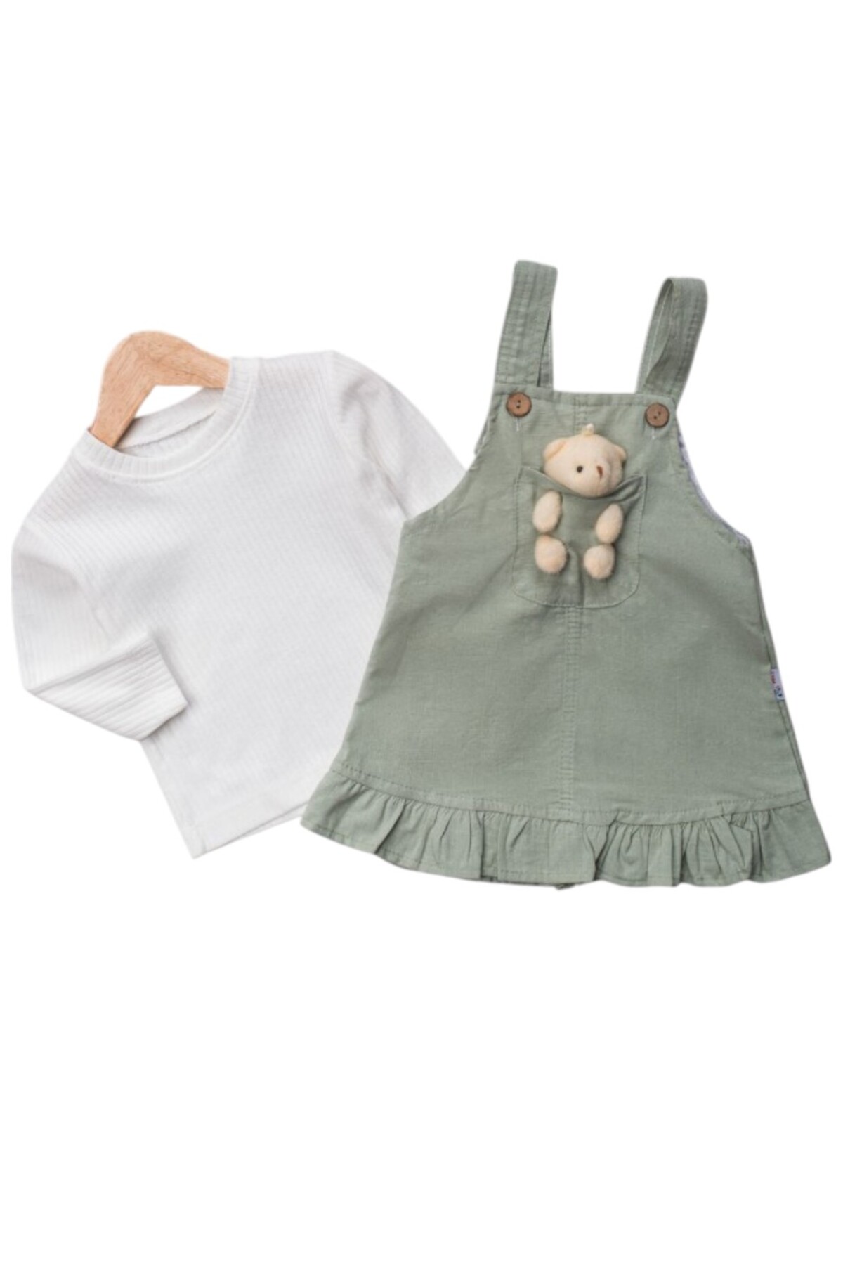 Egelite Kız Bebek Ayıcık Aksesuarlı, Keten Salopet Elbise ve Badili, 2 li, Şık Bayramlık Takım 9-12-18 ay fotoğrafı 4 (önizleme)