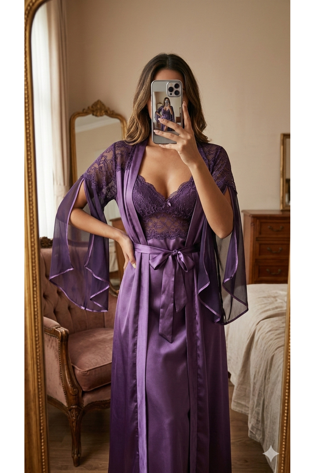 Luma Decor Kadın Dantel Detaylı Saten Şık Gecelik Takım