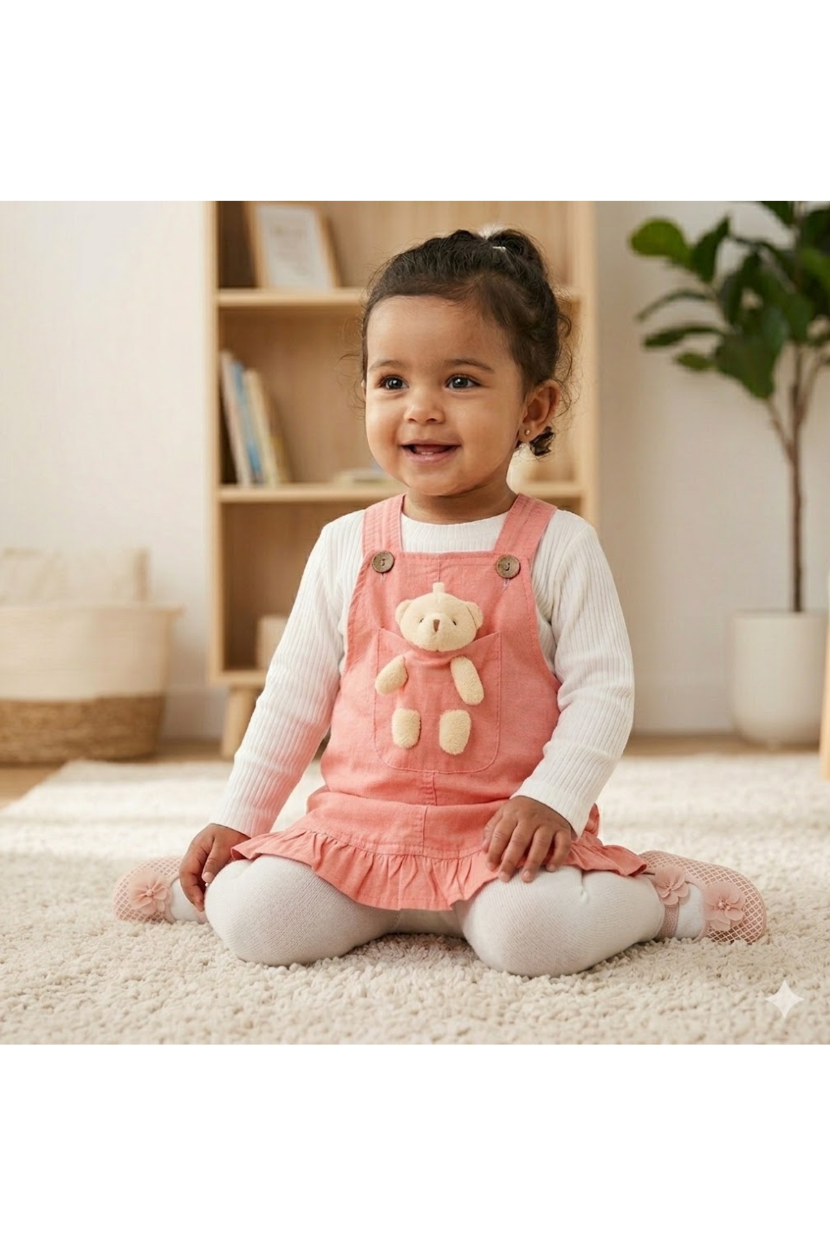 Egelite Kız Bebek Ayıcık Aksesuarlı, Keten Salopet Elbise ve Badili, 2 li, Şık Bayramlık Takım 9-12-18 ay fotoğrafı 5 (önizleme)