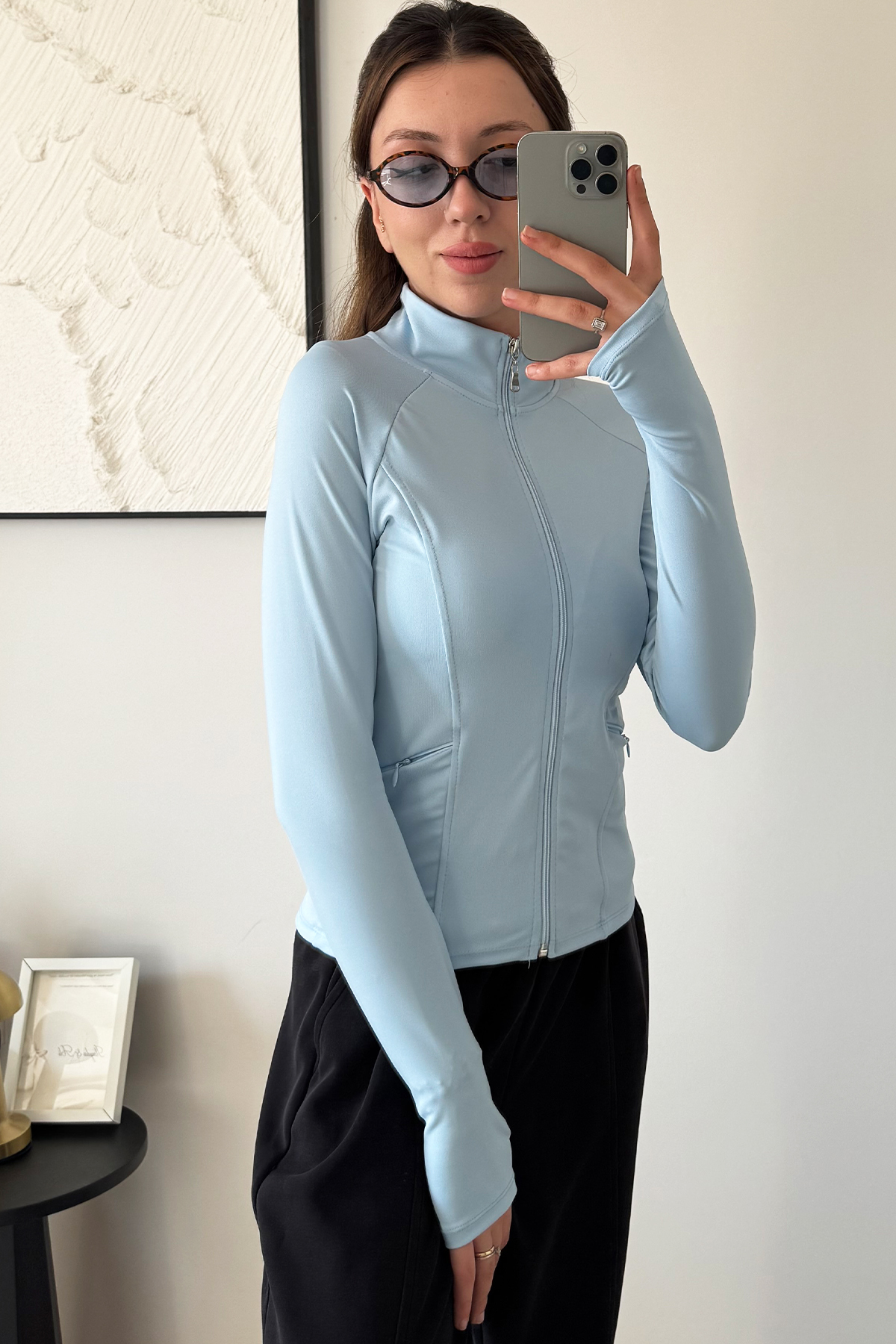 İlayda Toprak Rover Kadın Uzun Kollu Fermuarlı Parmak Detaylı Cepli Bebe Mavi Fit Spor Bluz görsel 3
