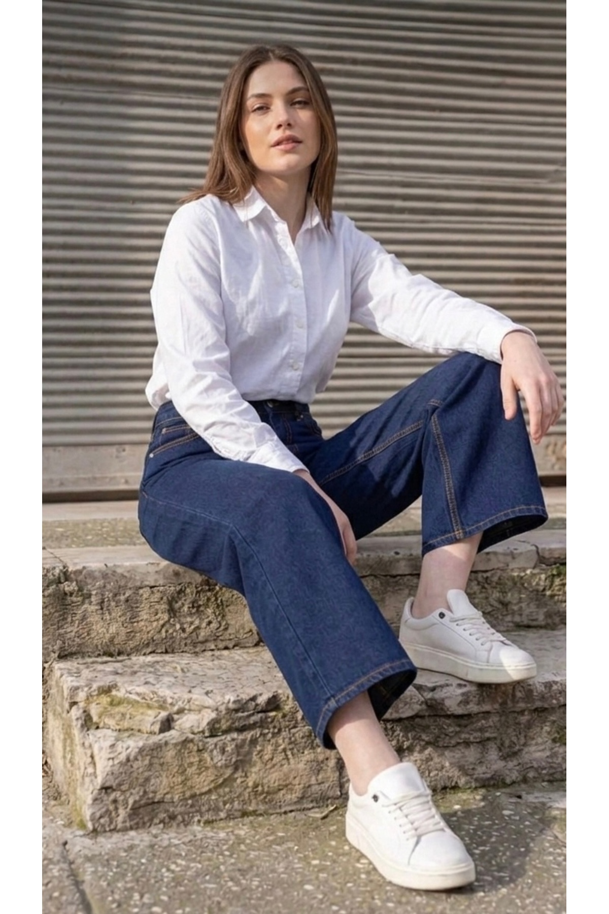 Lyvens  Midi Boy Lacivert Kadın Bol Paça Jean Pantolon – Rahat Kesim Kot - Görsel 4