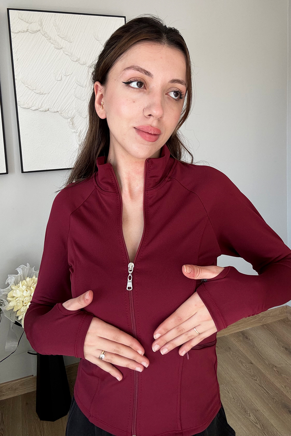 İlayda Toprak Rover Kadın Uzun Kollu Fermuarlı Parmak Geçirmeli Bordo Fitness Yoga Bluz görsel 5