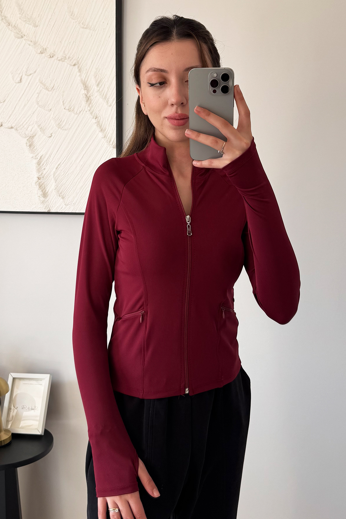 İlayda Toprak Rover Kadın Uzun Kollu Fermuarlı Parmak Geçirmeli Bordo Fitness Yoga Bluz