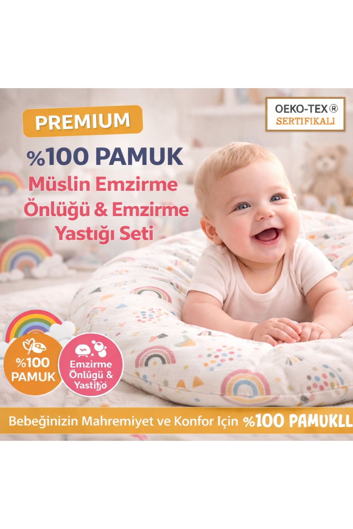 Babycitytr %100 Pamuk Müslin Emzirme Önlüğü & Emzirme Yastığı Seti OEKO-TEX Sertifikalı Anne Bebek Emzirme Seti fotoğrafı 3 (önizleme)