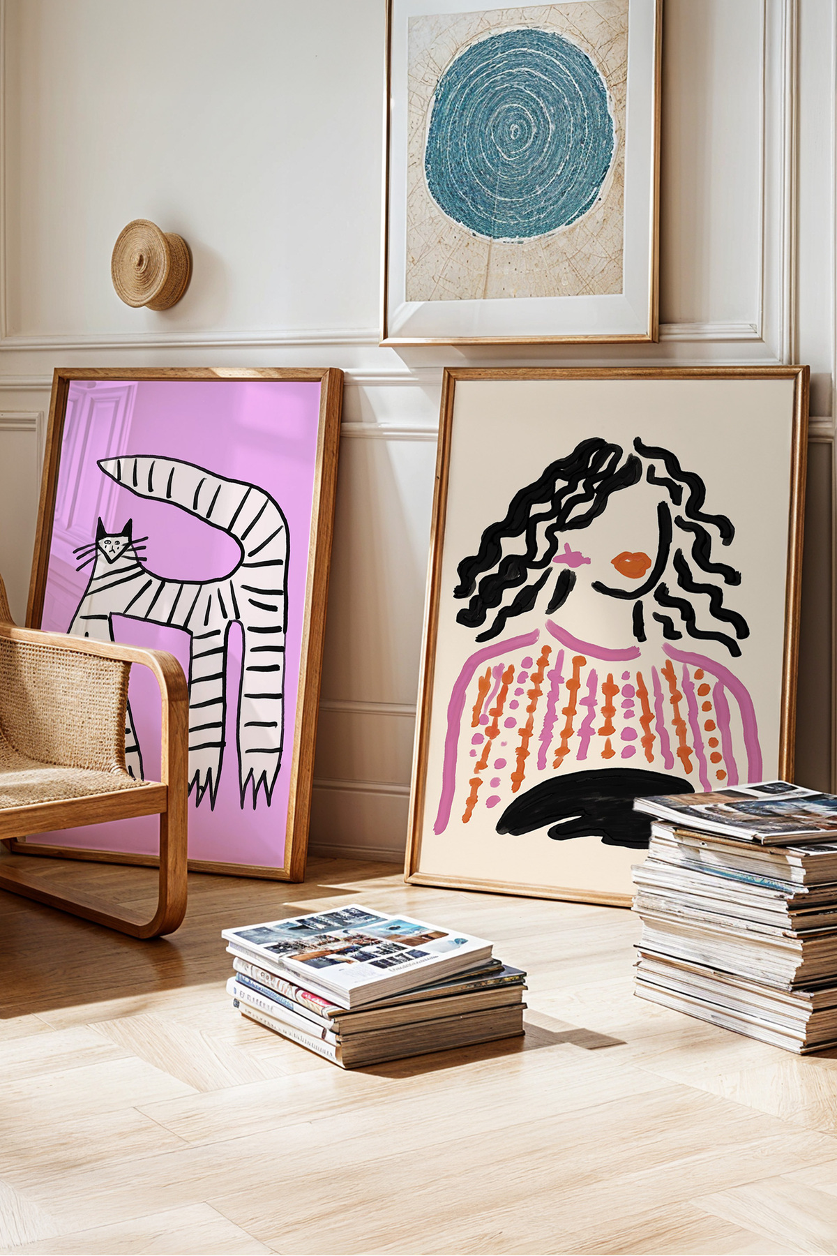 2’li Modern Tablo Poster Seti Kedi ve Kadın İllustrasyon Duvar Dekoru Çerçevesiz