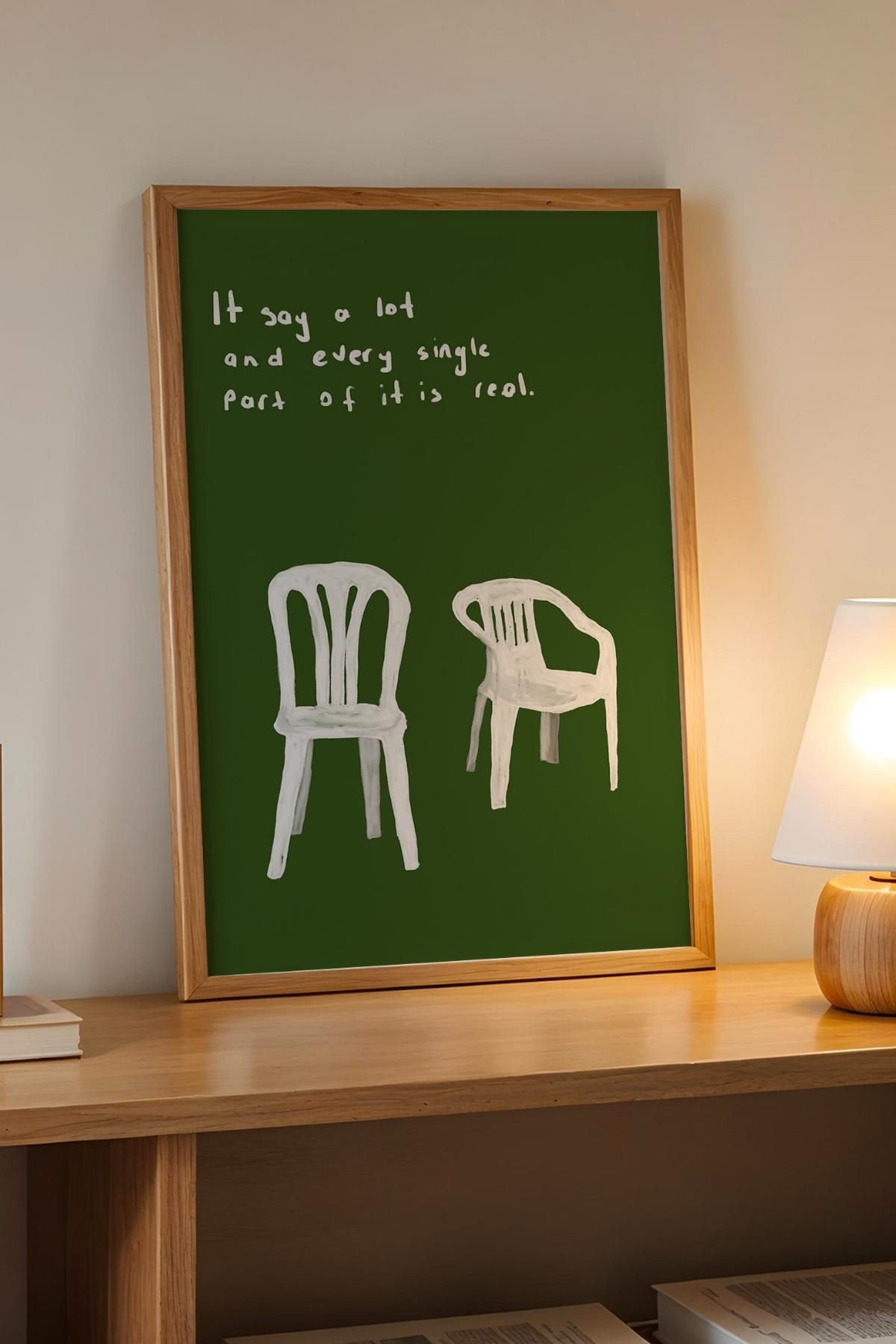 Minimal Sandalye Yazılı Yeşil Modern Tablo Poster Duvar Dekoru Çerçevesiz
