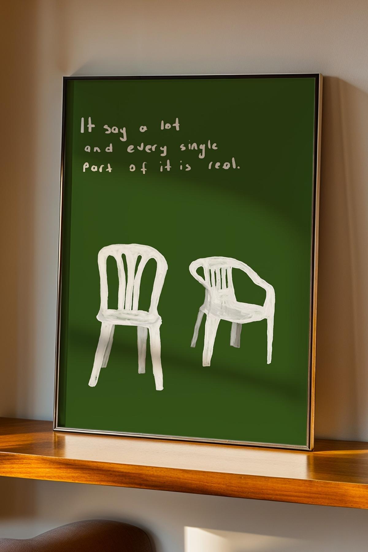 Minimal Sandalye Yazılı Yeşil Modern Tablo Poster Duvar Dekoru Çerçevesiz