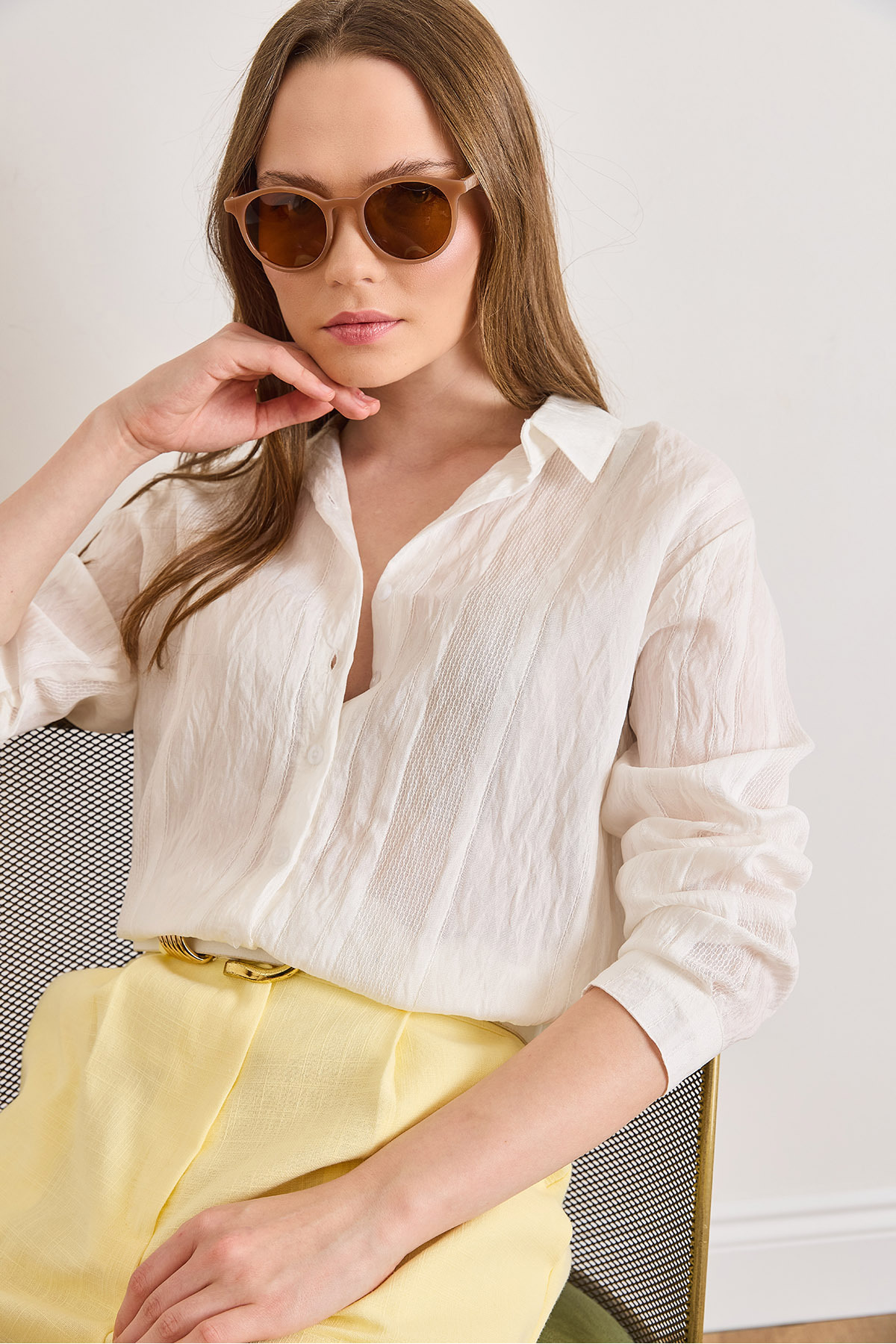 Olalook Women's White Patch Textured Long Sleeve Shirt Gml-19001428