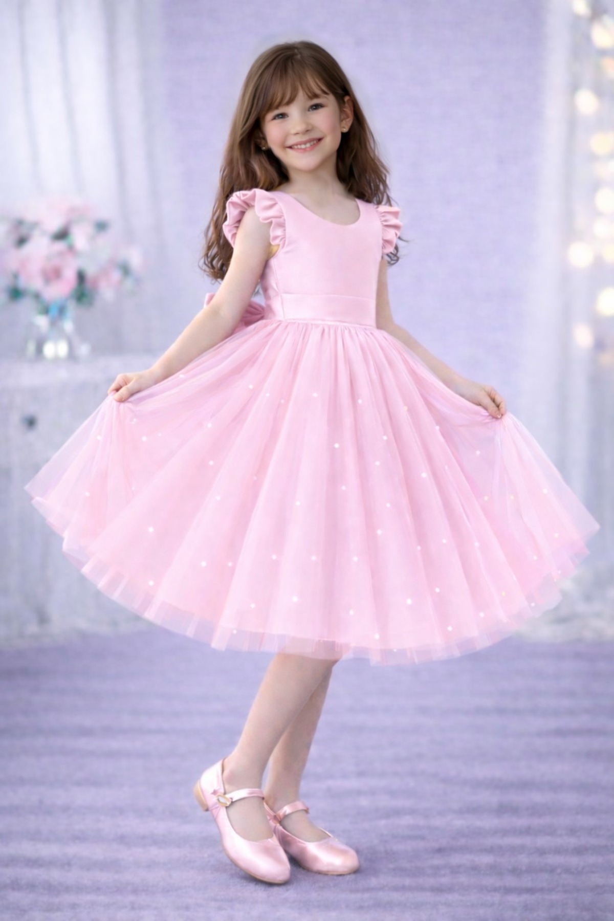 Girls Pink Ruffle Sleeve Pearl Dress Graduation Birthday Special Day Evening Dress