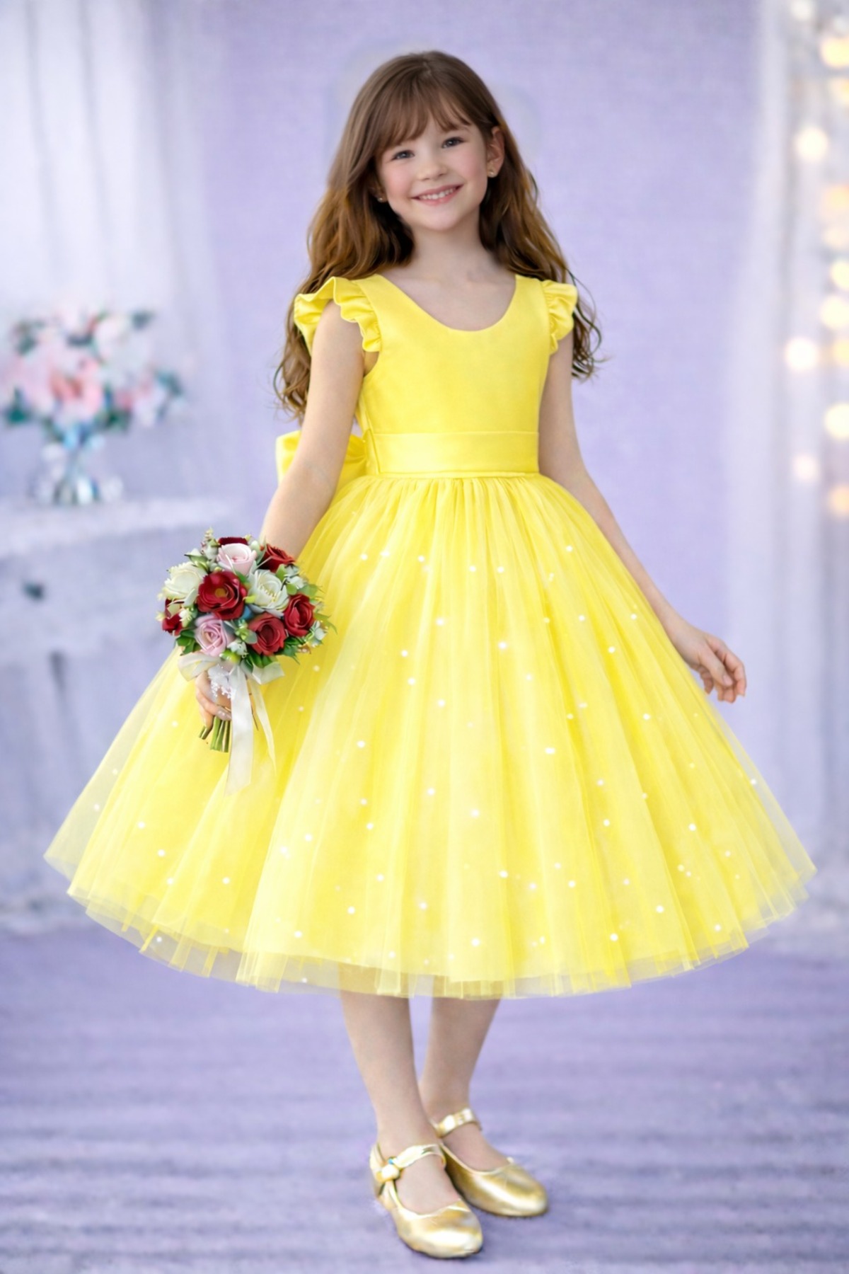 Girls Yellow Ruffle Sleeve Pearl Dress Graduation Birthday Special Day Evening Dress