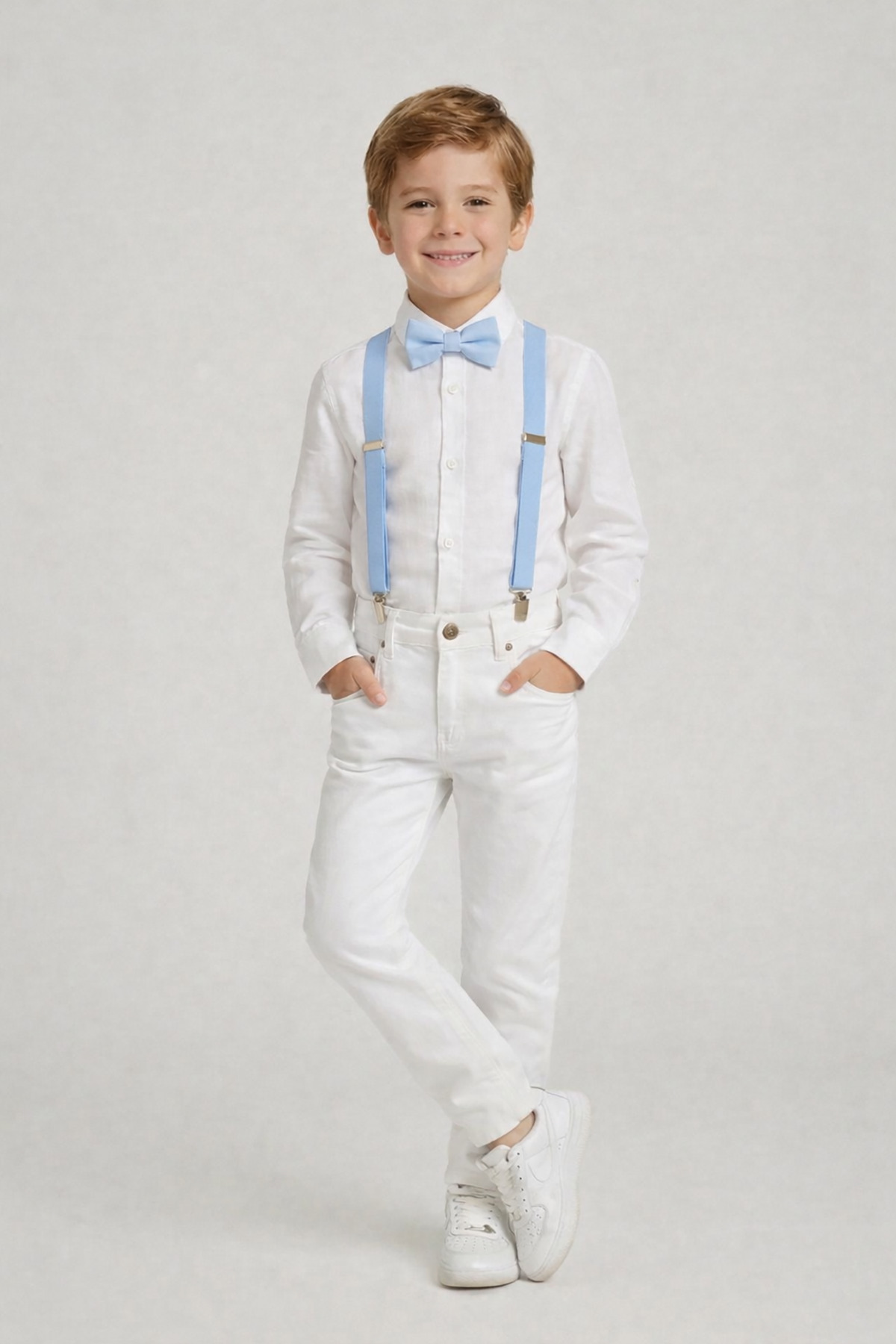 Boys White Long Sleeve Shirt White Pants Blue Strap Bow Tie Set 23 April 29 October