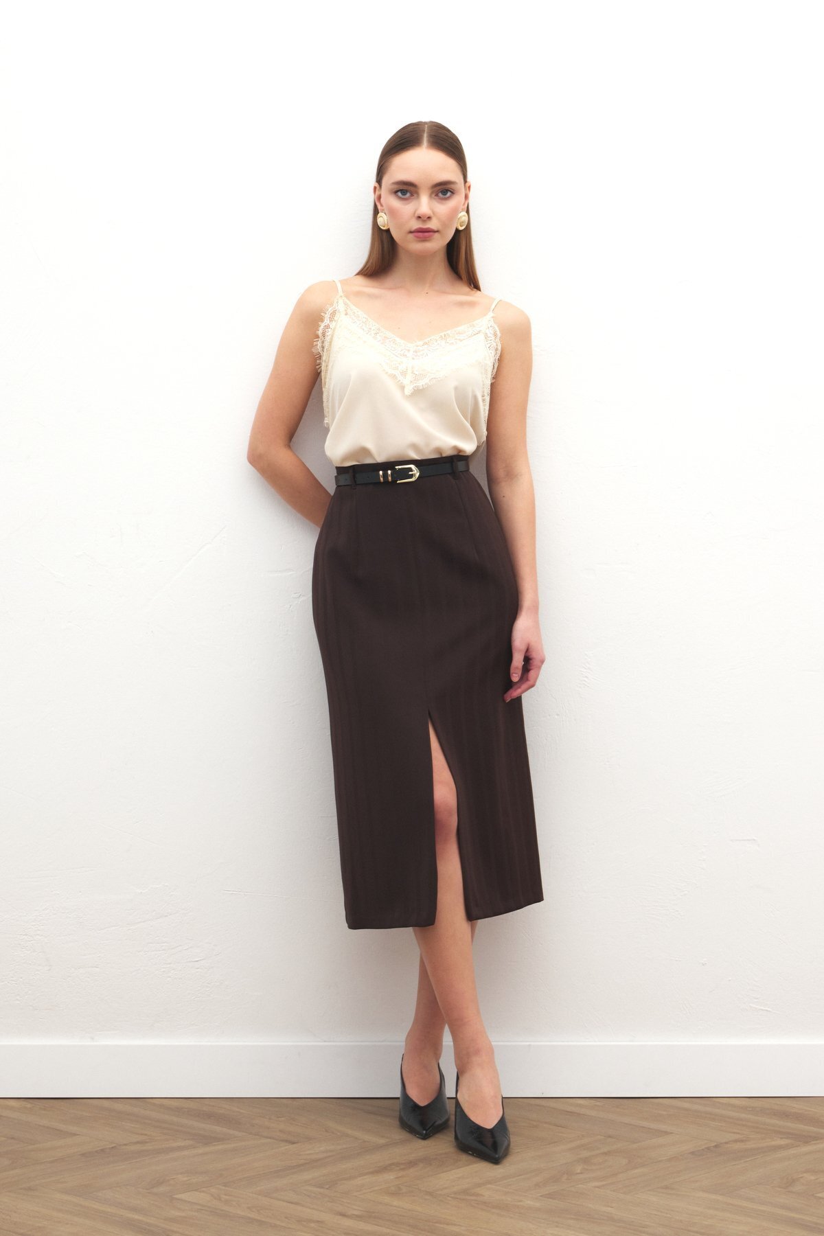 Sateen  Anna Yırtmaçlı Etek - Kahve