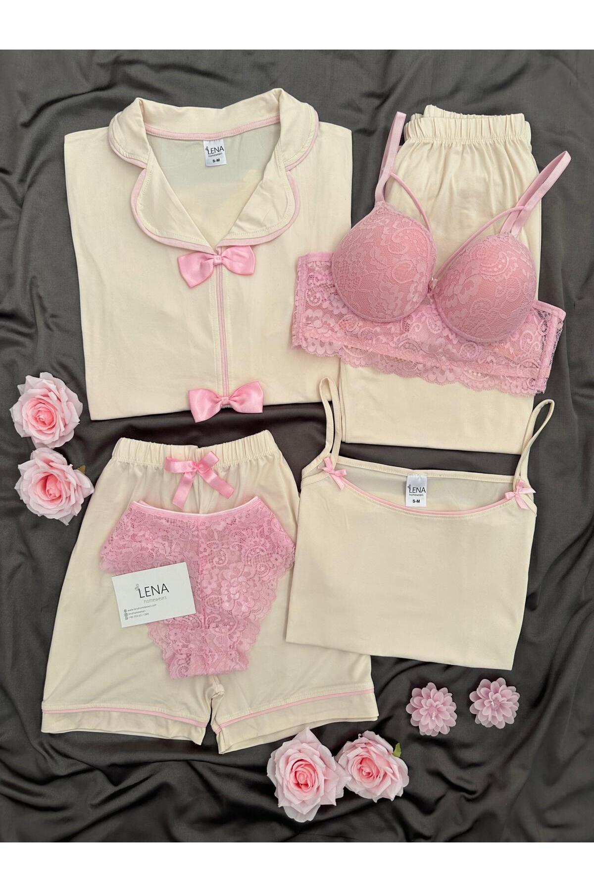 Women's Bow Detailed 6-Piece Pajamas Set with Underwear – Long Leg Pajamas Set with Strap and Shorts