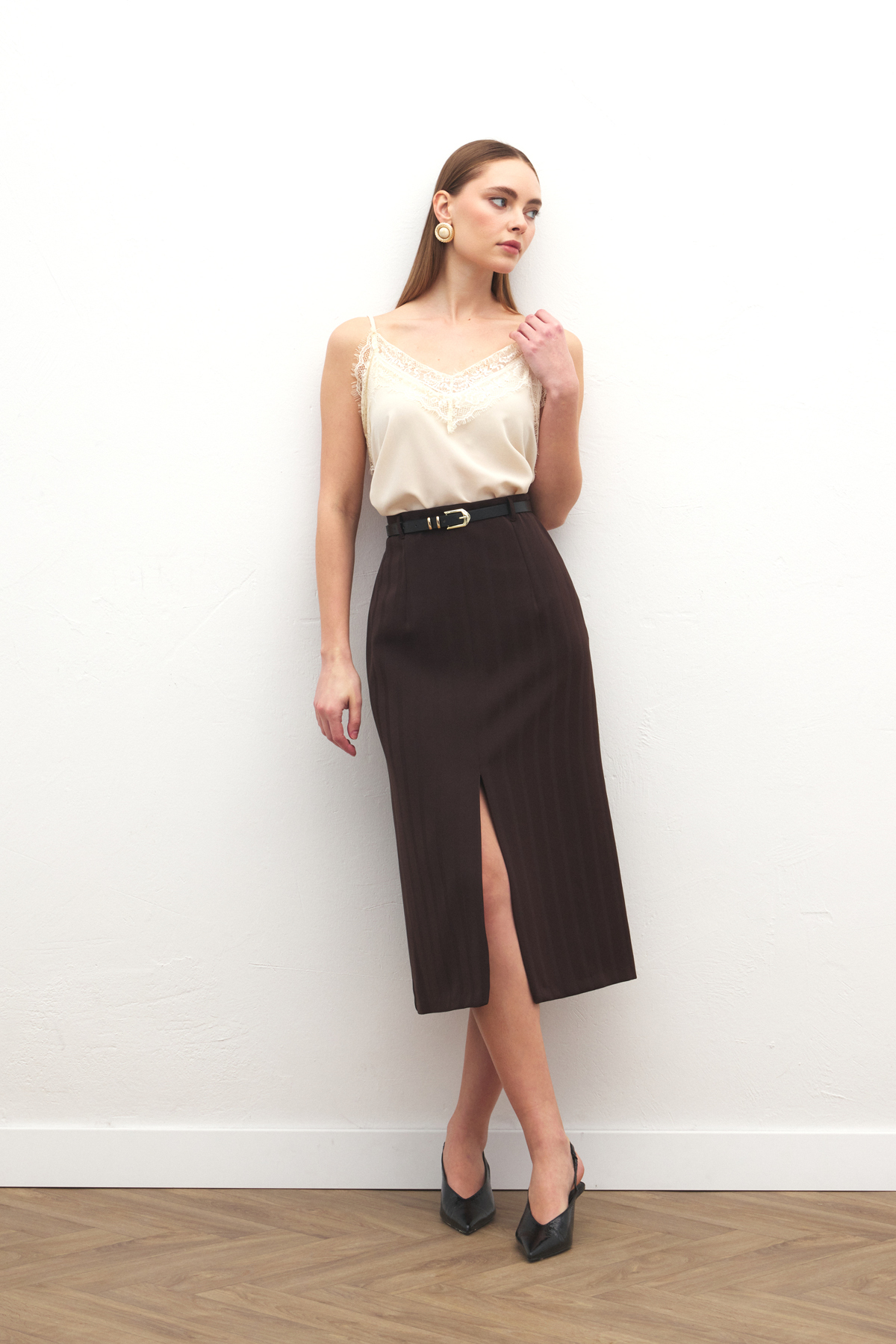 Sateen  Anna Yırtmaçlı Etek - Kahve - Görsel 5