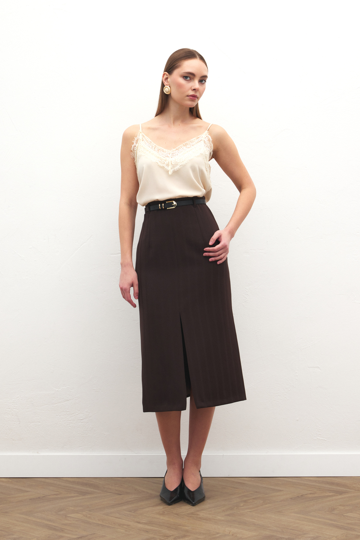 Sateen  Anna Yırtmaçlı Etek - Kahve - Görsel 3