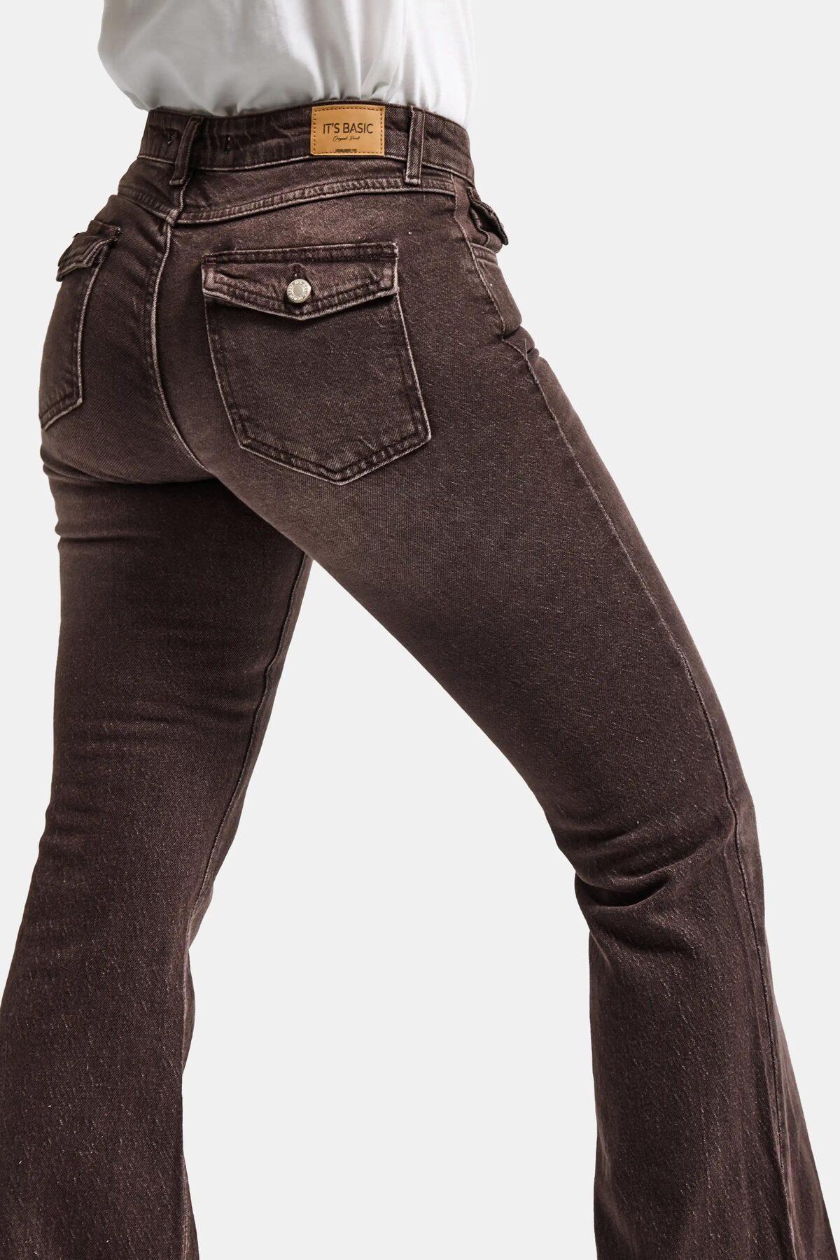 it's basic  Kadın Kahverengi 2s6-16 SLN05 Mid Rise Flare Fit Esnek Kumaş Denim Jean - Görsel 3