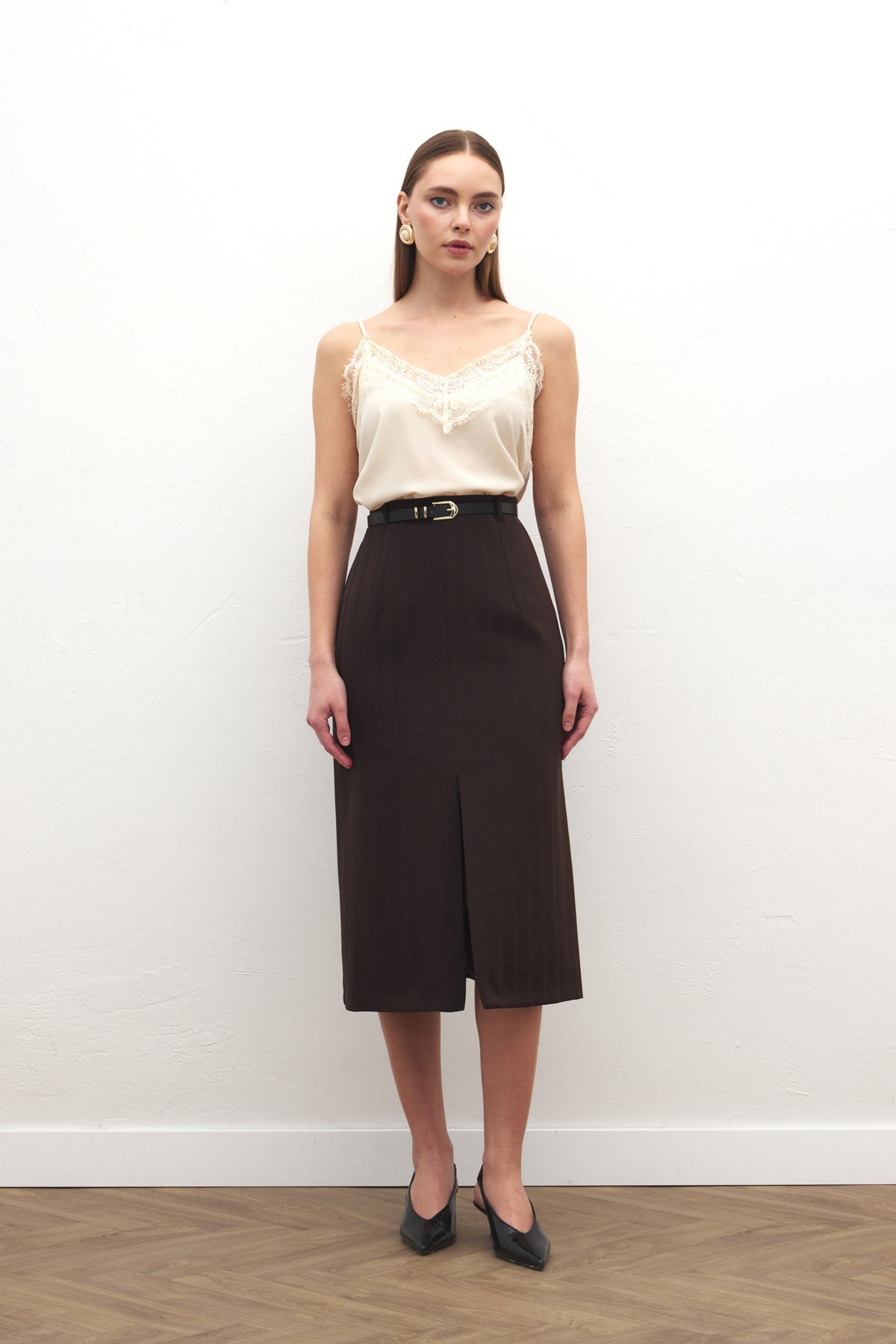 Sateen  Anna Yırtmaçlı Etek - Kahve - Görsel 4