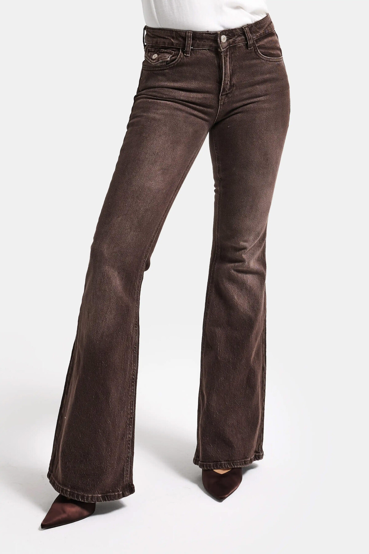 it's basic  Kadın Kahverengi 2s6-16 SLN05 Mid Rise Flare Fit Esnek Kumaş Denim Jean - Görsel 2