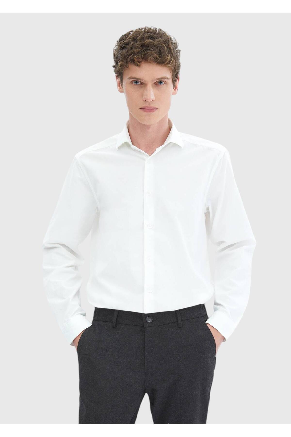 Ramsey  Beyaz Düz Casual Fit Dokuma Kadife Casual %100 Pamuk Gömlek