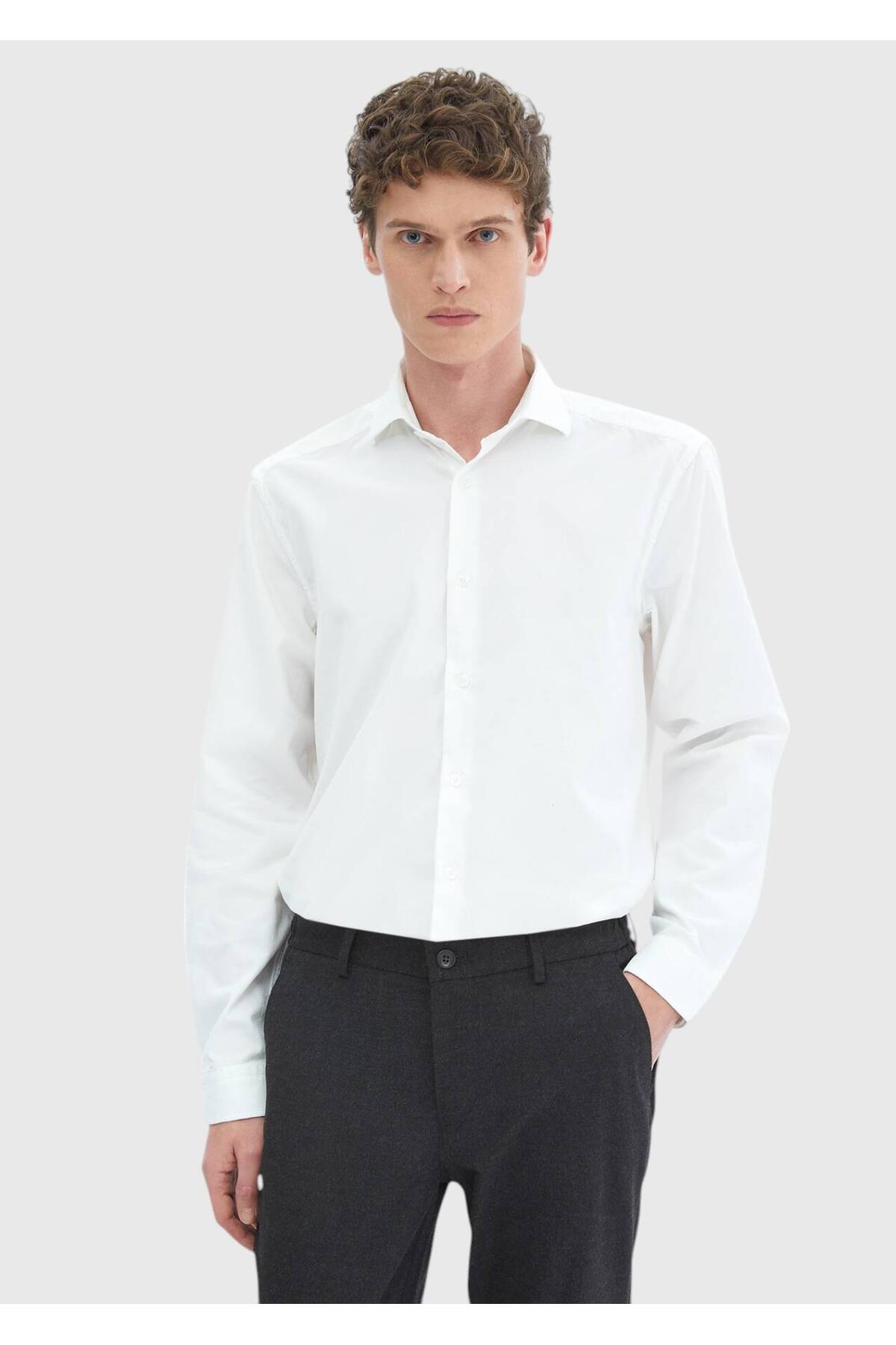 Ramsey  Beyaz Düz Casual Fit Dokuma Kadife Casual %100 Pamuk Gömlek - Görsel 4