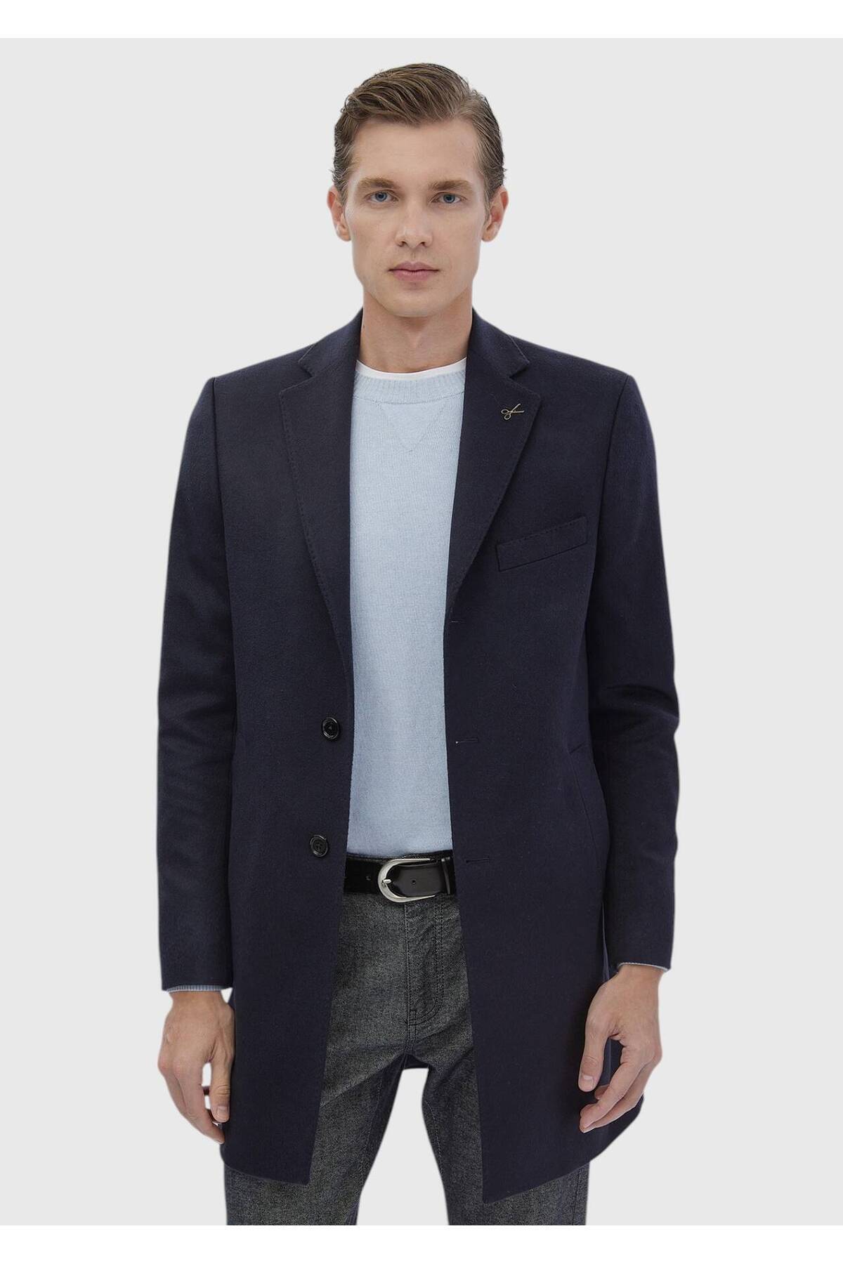 Ramsey  Lacivert Regular Fit Şal Yaka Klasik Dokuma Palto - Görsel 5