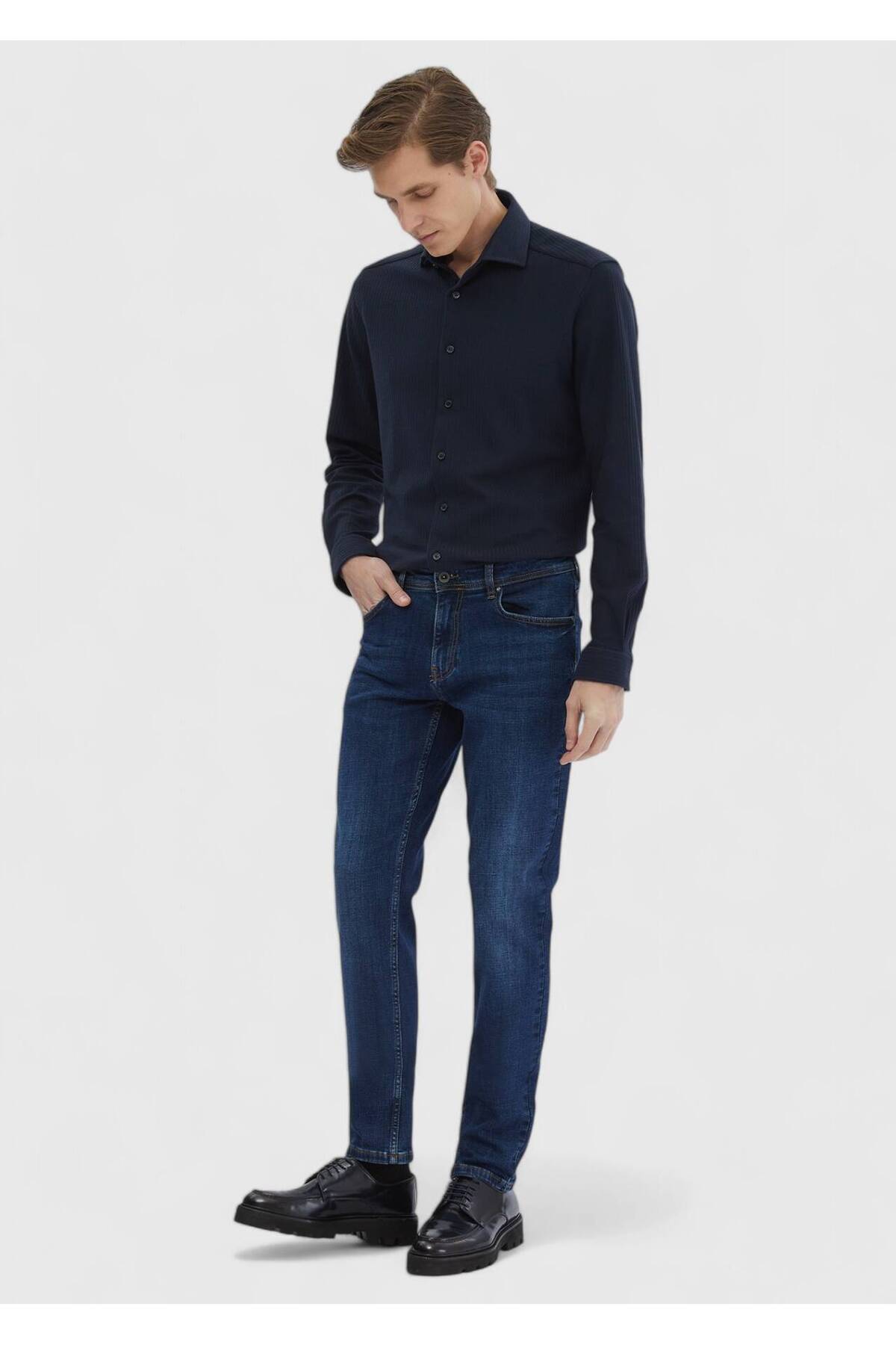 Ramsey  Lacivert Çizgili Casual Fit Casual %100 Pamuk Gömlek - Görsel 3