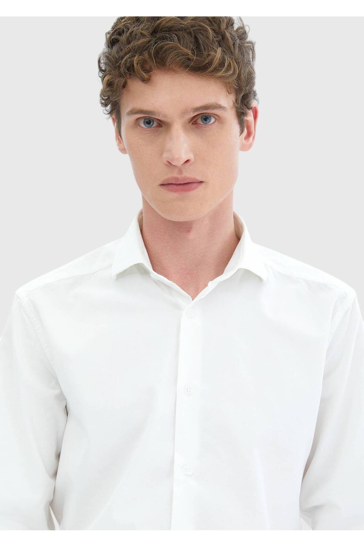 Ramsey  Beyaz Düz Casual Fit Dokuma Kadife Casual %100 Pamuk Gömlek - Görsel 5