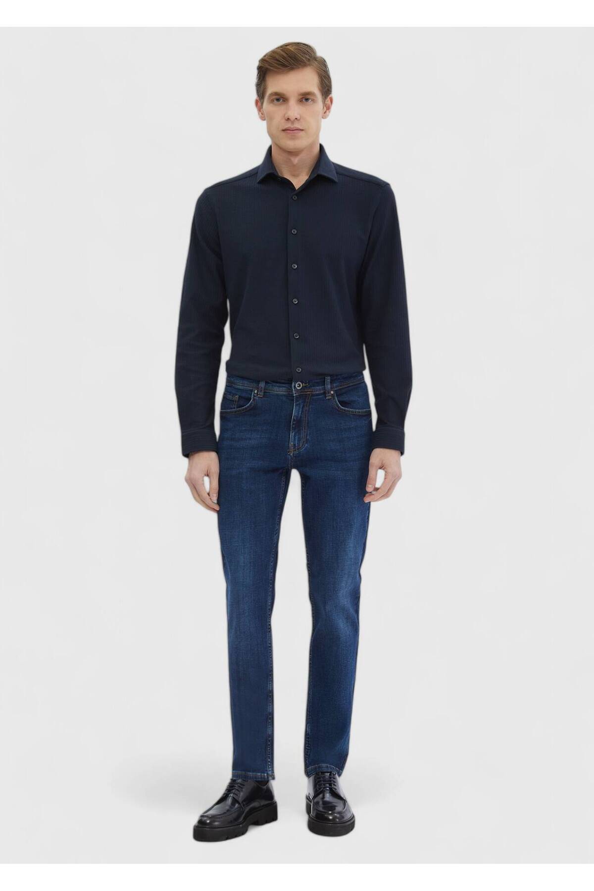 Ramsey  Lacivert Çizgili Casual Fit Casual %100 Pamuk Gömlek - Görsel 2