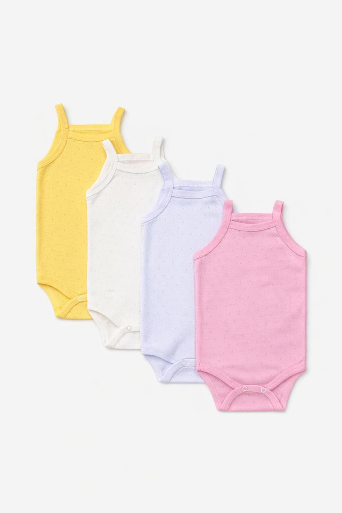 EFU BABY 4'lü Jakarlı İp Askılı Bebek Body Zıbın Çıtçıtlı 100% Pamuk - Ekru Pembe Beyaz Sarı fotoğrafı 2 (önizleme)