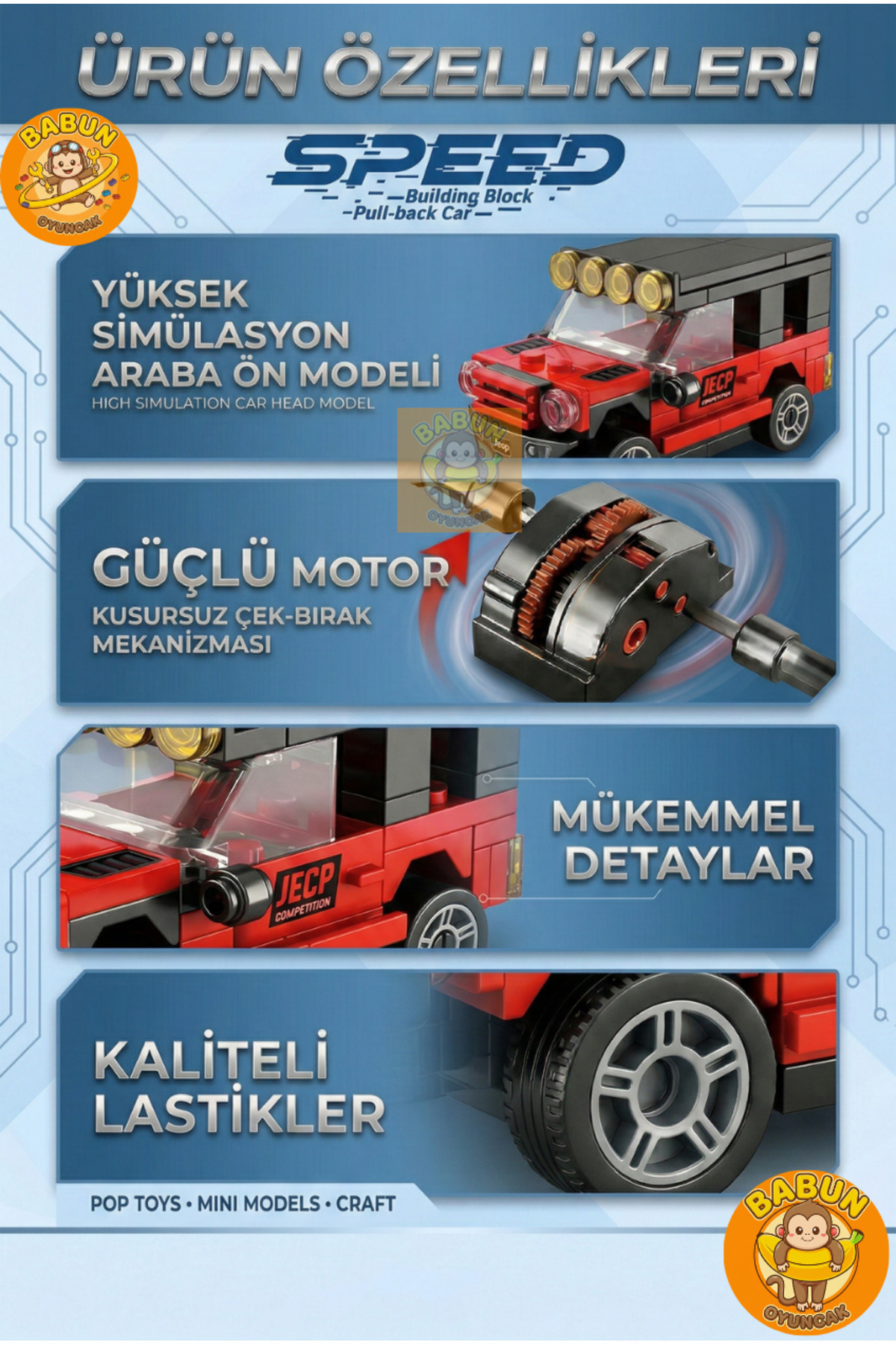 SPEED Bricks Mini Lego Araba Yapı Blok Seti - Çek-Bırak Araba Yapım Seti -Speed Kırmızı Jeep (76 Parça) fotoğrafı 2 (önizleme)