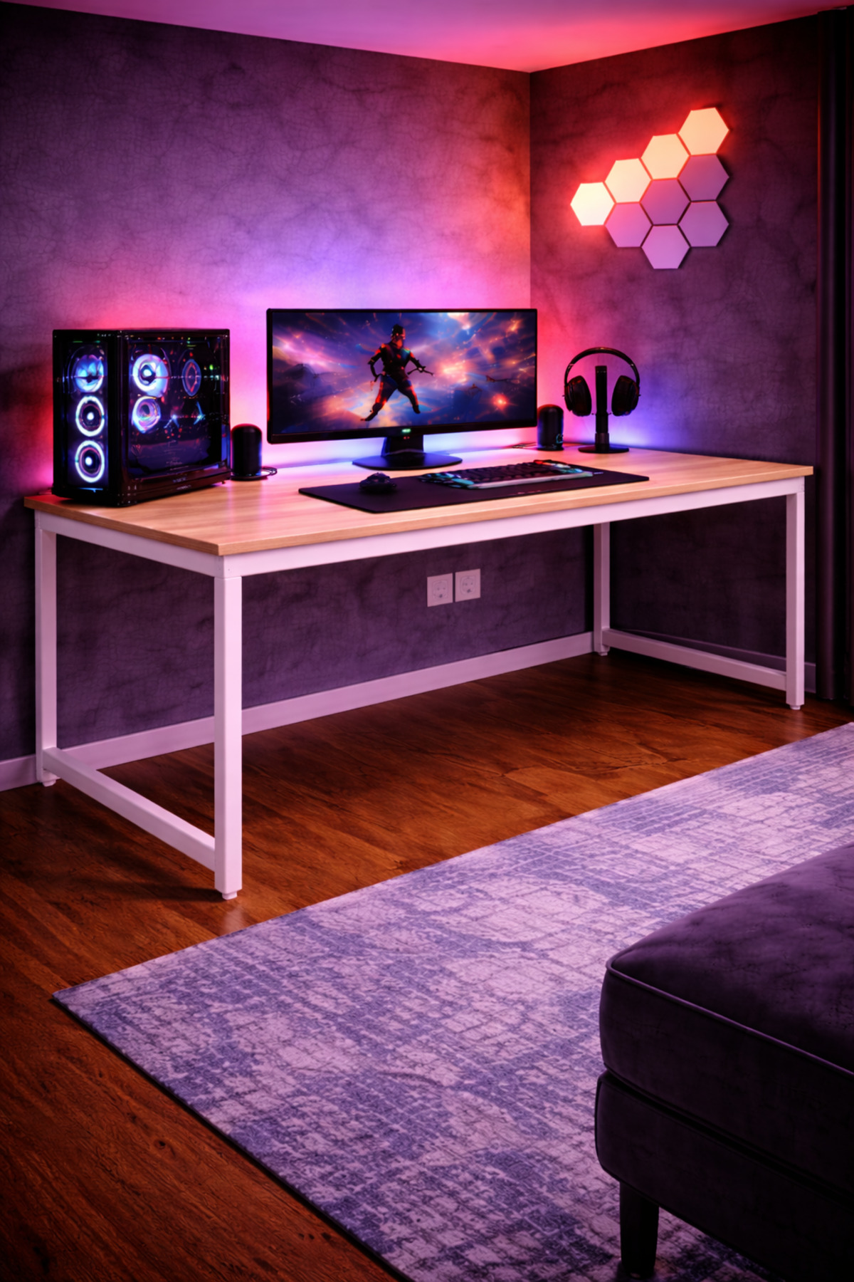 Pine/White Player Table 160x60, Computer Table, Gaming Table, Gaming Table, Metal Leg