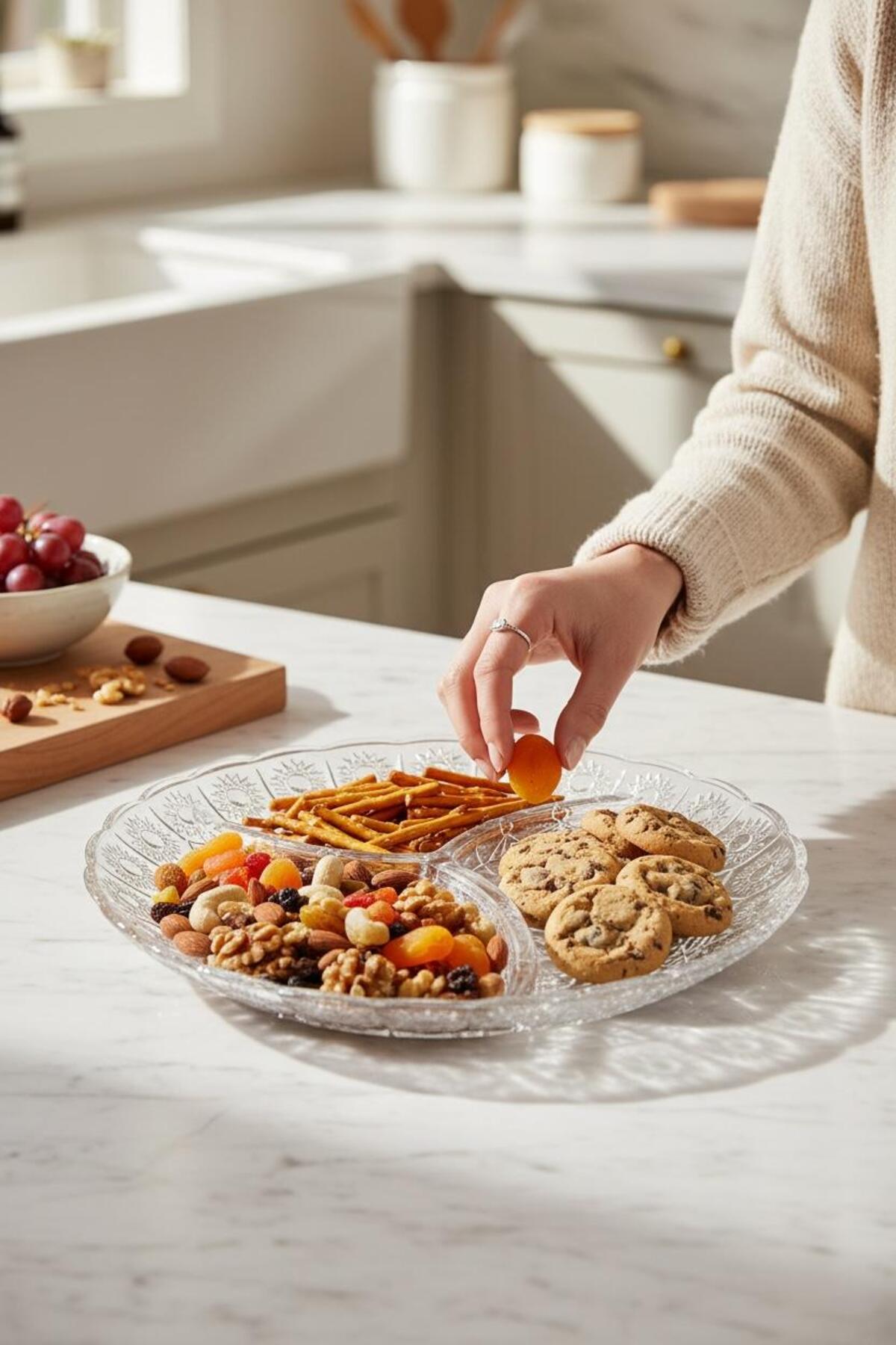 3 Bölmeli Cam Kahvaltı ve Çerez Tabağı – Çok Amaçlı Sunumluk