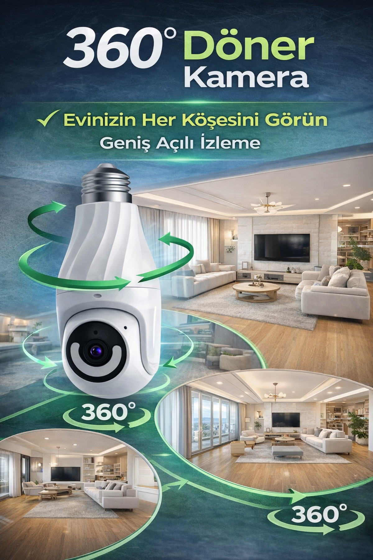 Ecocam 360° WiFi Ampul Kamera 2MP | Kablosuz Güvenlik Kamerası Hareket Algılama, Gece Görüş, Sesli Konuşma