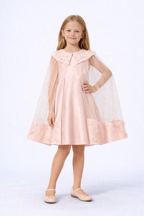 damasquino Kız Çocuk Pudra Tül Pelerinli Abiye Elbise – Çiçek Aplikeli Zarif ...