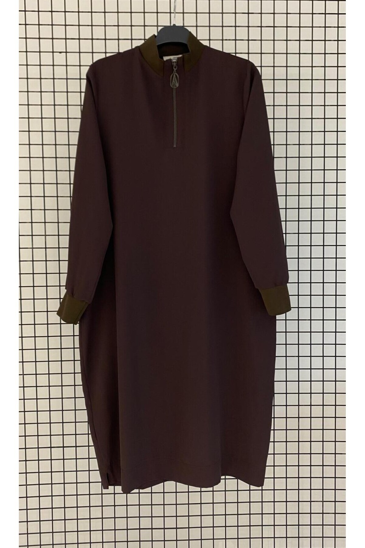 Silk-Crepe Fabric Collar Zippered Ribbed Summer Basic Hijab Tunic