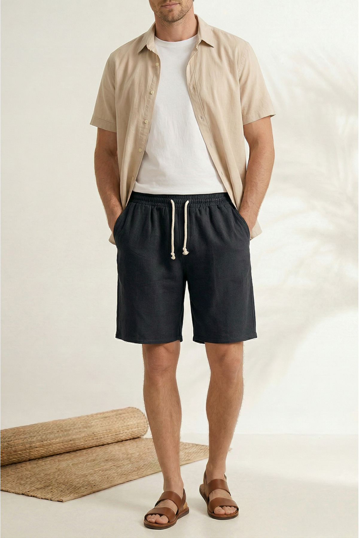 Sizce Moda  Erkek 2li Paket Siyah - Bej %100 Pamuk Keten Müslin Şort Rahat Kalıp Yazlık Kumaş Arka Cepli - Görsel 4