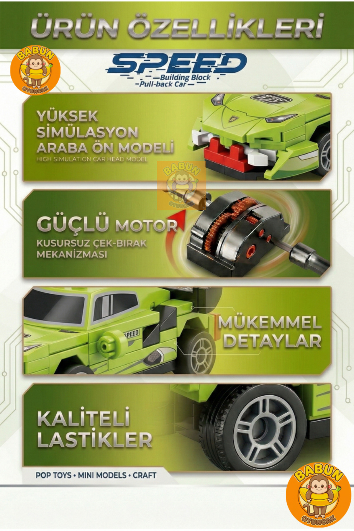 SPEED Bricks Mini Lego Araba Yapı Blok Seti - Çek-Bırak Spor Araba Yapım Seti -Speed Yeşil (73 Parça) fotoğrafı 3 (önizleme)