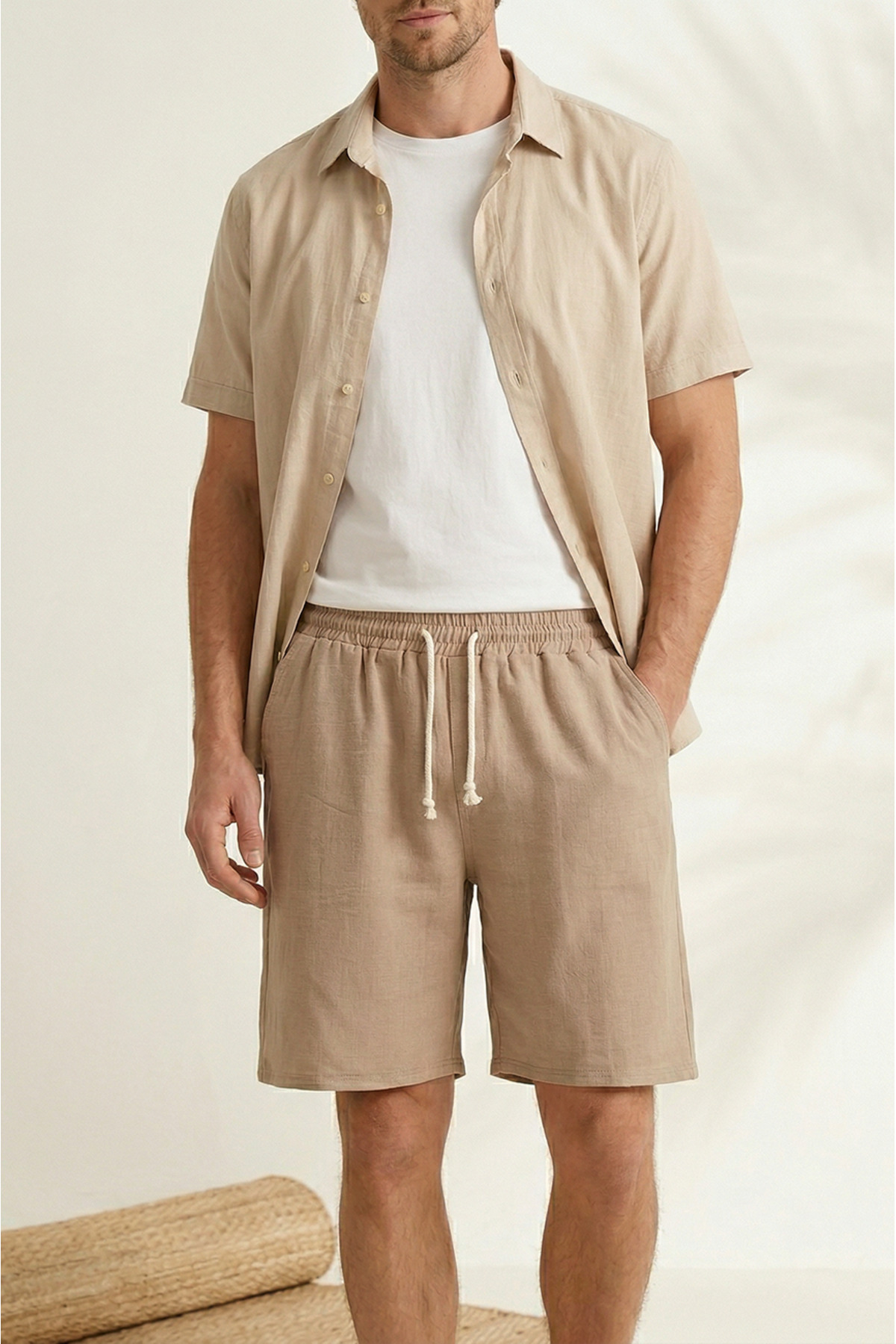 Sizce Moda  Erkek 2li Paket Siyah - Bej %100 Pamuk Keten Müslin Şort Rahat Kalıp Yazlık Kumaş Arka Cepli - Görsel 6