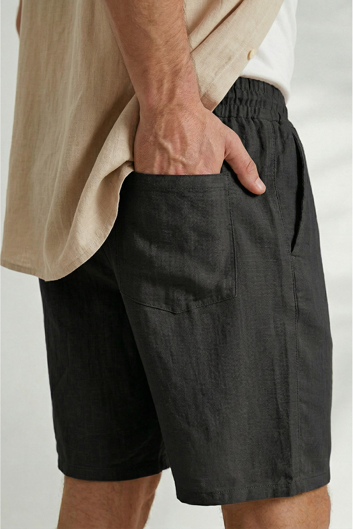 Sizce Moda  Erkek 2li Paket Siyah - Bej %100 Pamuk Keten Müslin Şort Rahat Kalıp Yazlık Kumaş Arka Cepli - Görsel 5