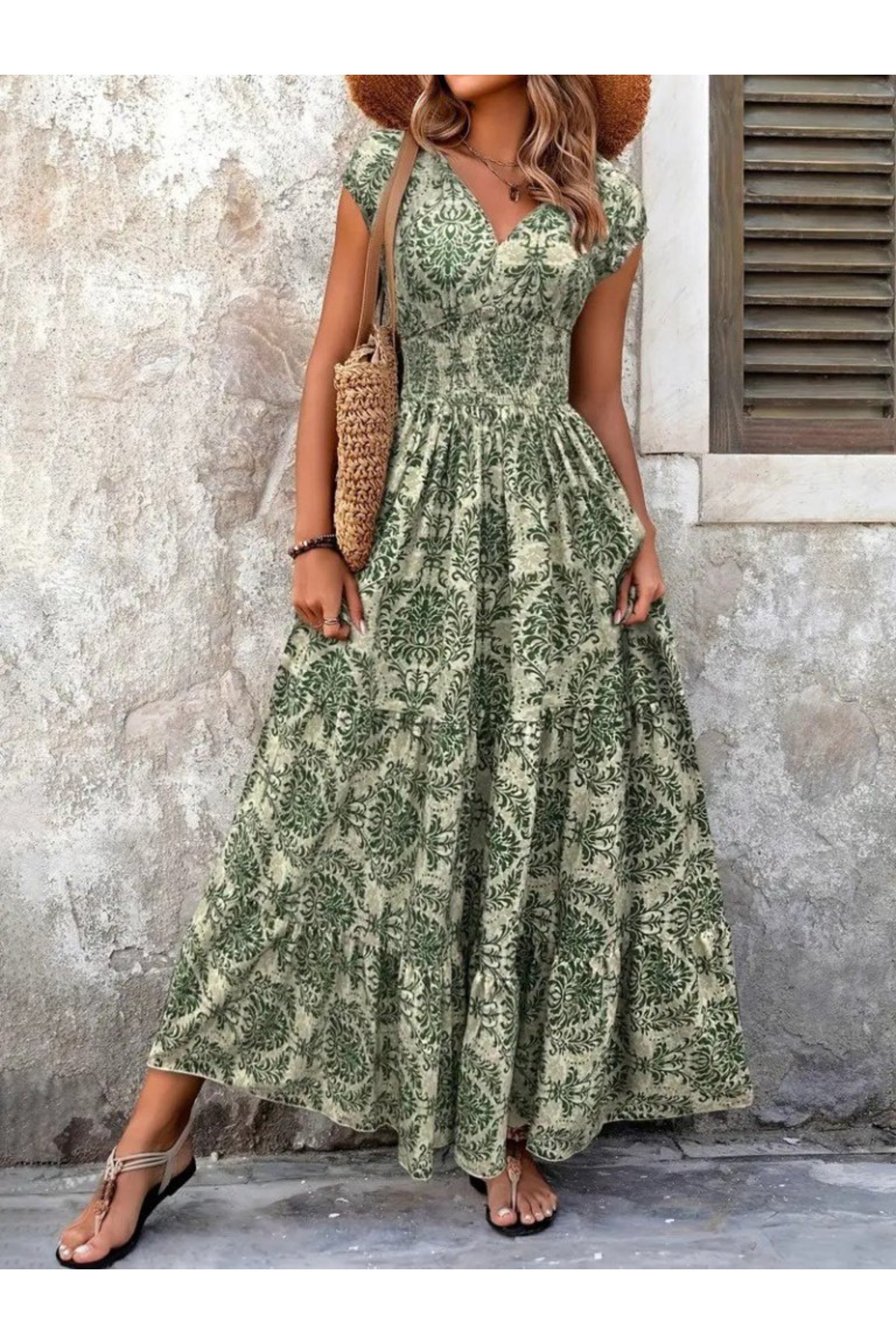 Modayakamoz  Kadın Kısa Kollu Kruvaze Yaka Beli Lastikli Maxi Süprem Elbise - Görsel 2