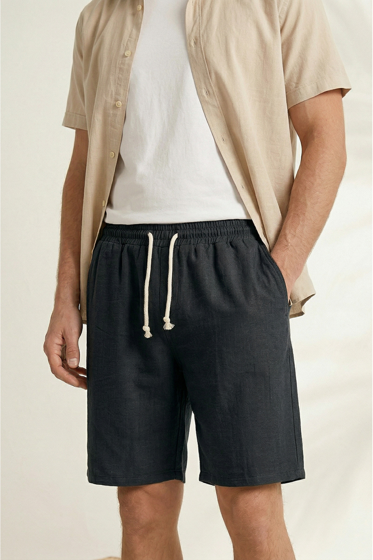Sizce Moda  Erkek 2li Paket Siyah - Bej %100 Pamuk Keten Müslin Şort Rahat Kalıp Yazlık Kumaş Arka Cepli - Görsel 3