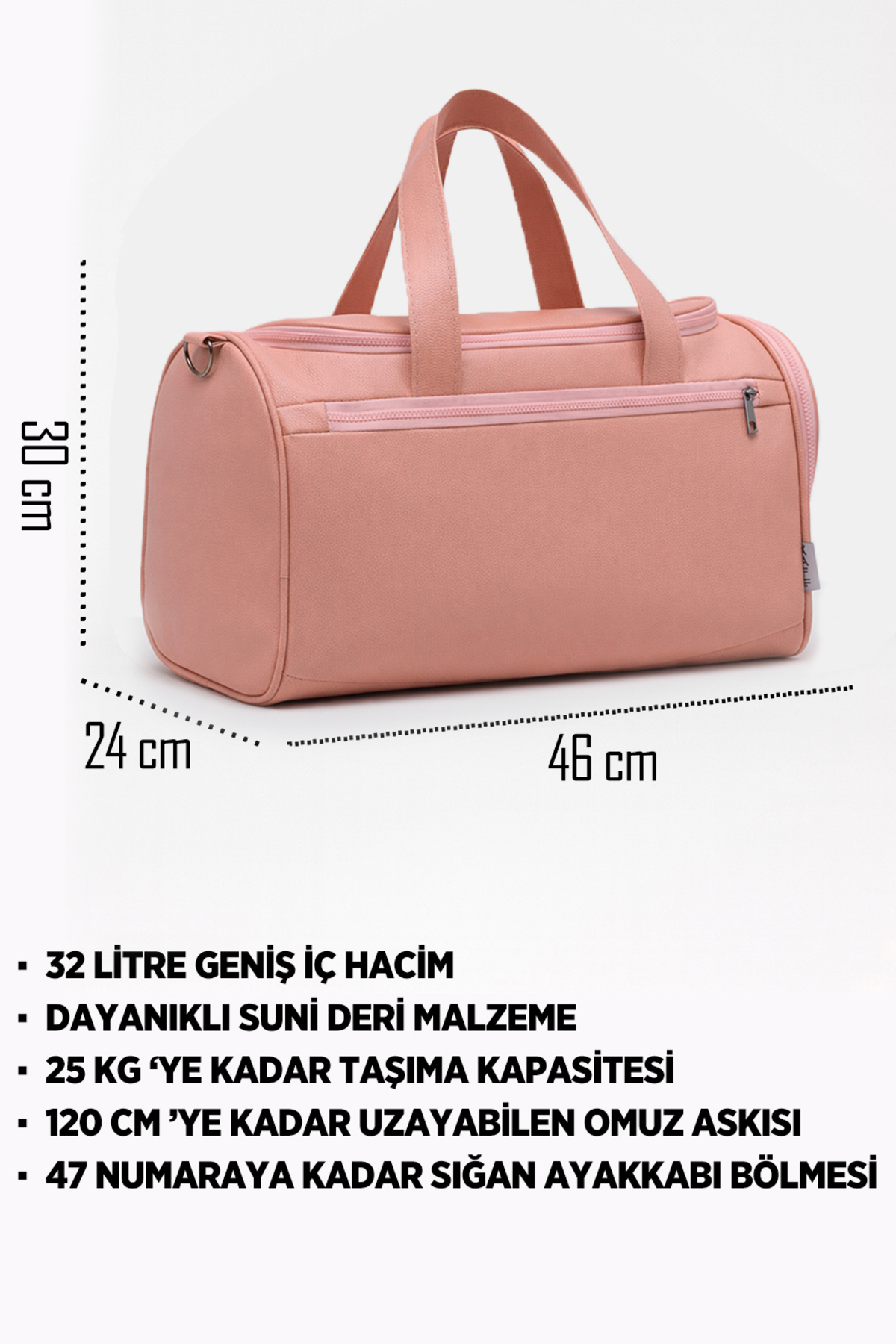 KAFF  Pudra Suni Deri Yan Ayakkabı Bölmeli Unisex Geniş Hacimli Seyahat Spor Fitness Spor Çantası - 00124 - Görsel 3